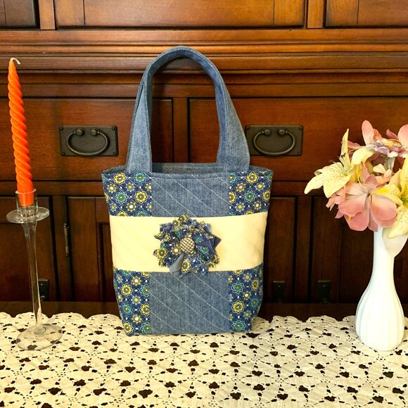 Handmade Denim and Cotton Quilted Purse with Zip Closure and Shabby Chic Flower - Picture 1 of 10